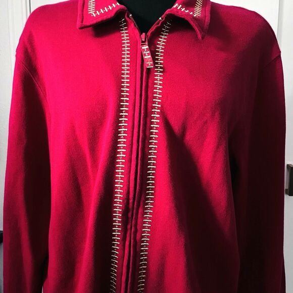 Bechamel Wm's Jacket L Red Full Zip Long Sleeve Gold‎ Embroidered Top Holiday - Picture 3 of 9